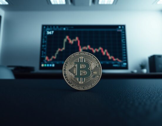 Bitcoin coin on desk with downward chart in background