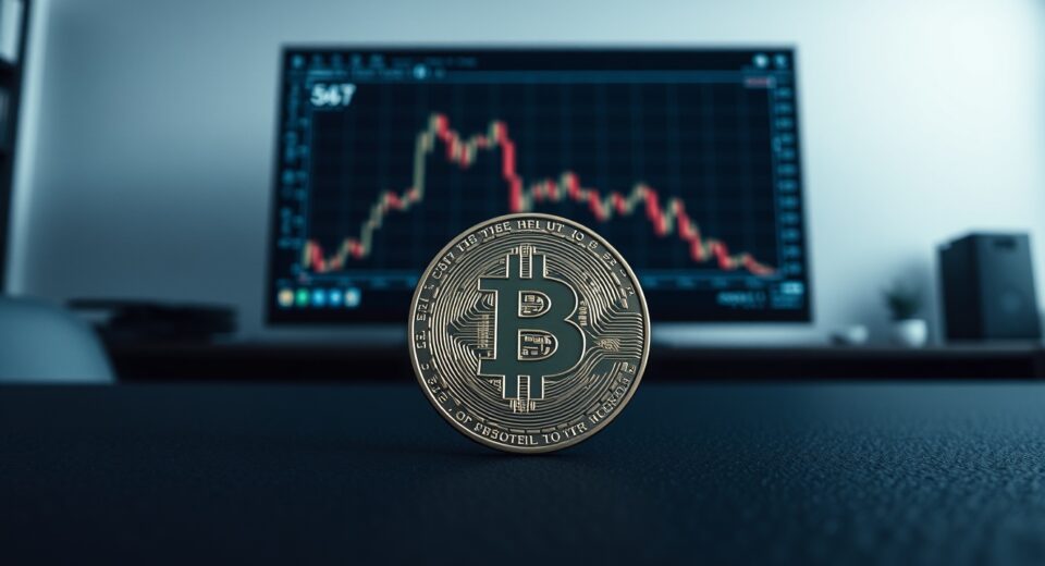 Bitcoin coin on desk with downward chart in background
