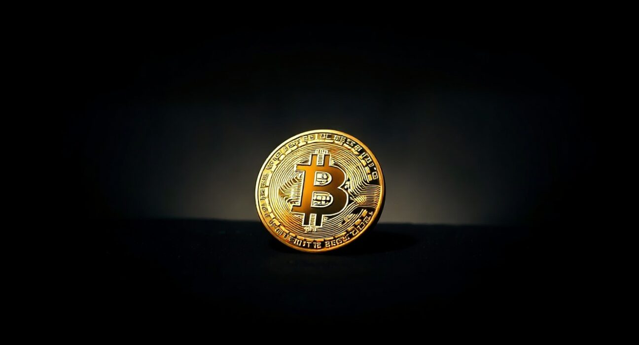 Bitcoin coin on dark surface with subtle digital background lines representing on-chain data analysis