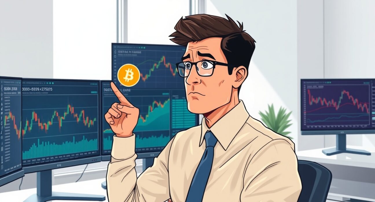 Financial analyst reviews Bitcoin market data showing neutral zone indicators for cryptocurrency investors