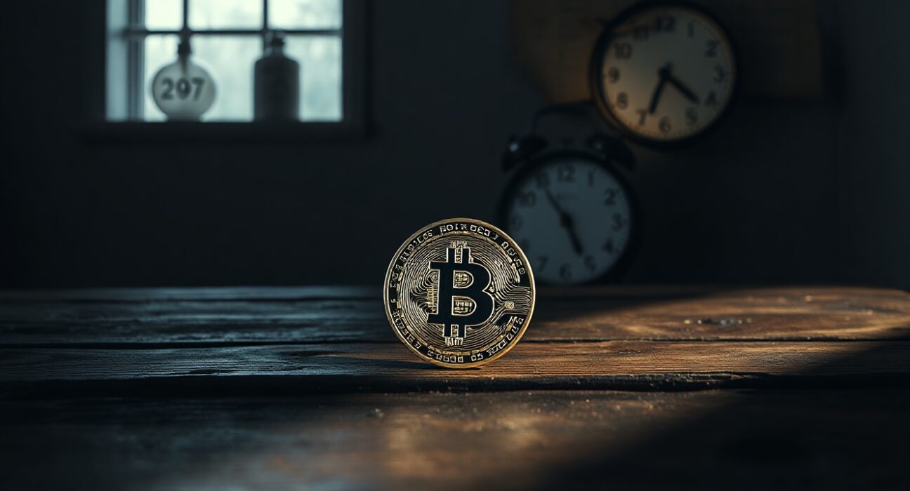 Bitcoin coin on wooden table with clock and calendar marking day 297 of bear market