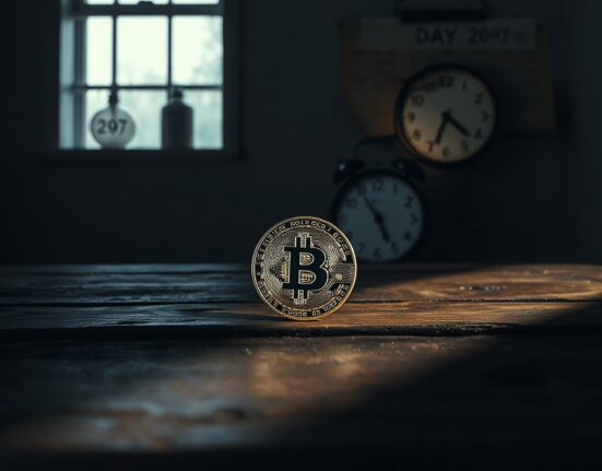 Bitcoin coin on wooden table with clock and calendar marking day 297 of bear market