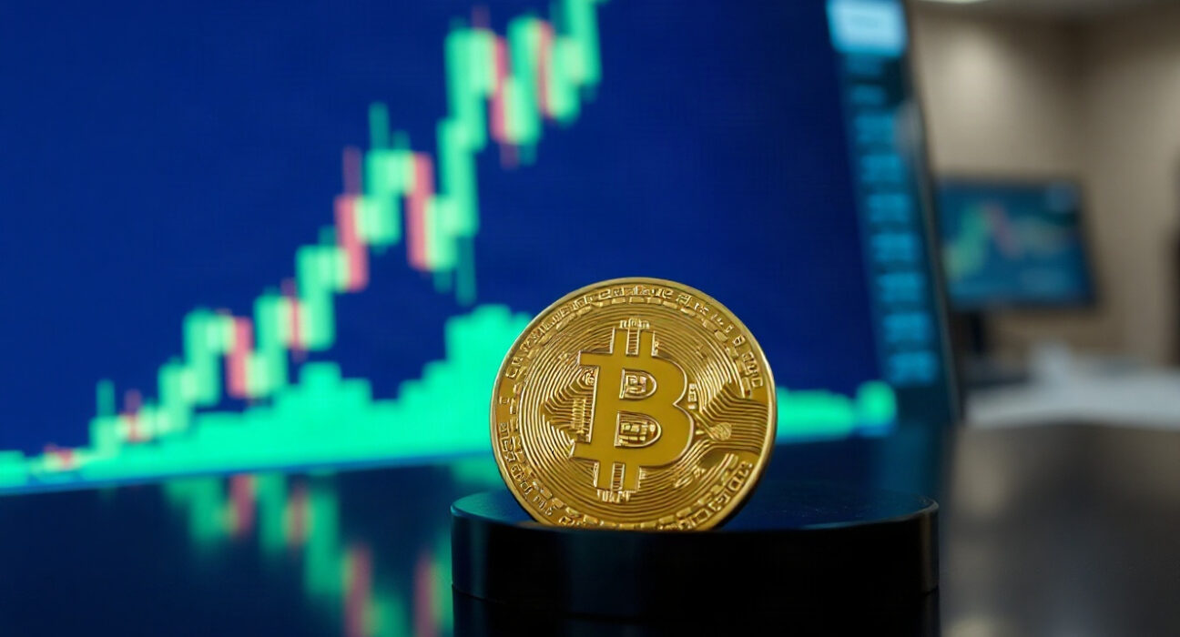 Bitcoin coin with upward chart in background, symbolizing market rebound