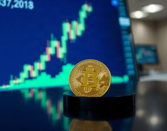 Bitcoin coin with upward chart in background, symbolizing market rebound
