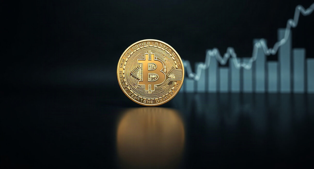 Bitcoin token on reflective surface with faint downward chart in background, symbolizing market analysis.