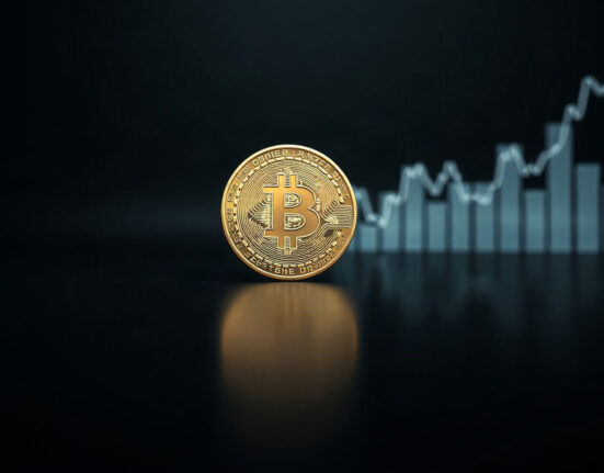 Bitcoin token on reflective surface with faint downward chart in background, symbolizing market analysis.