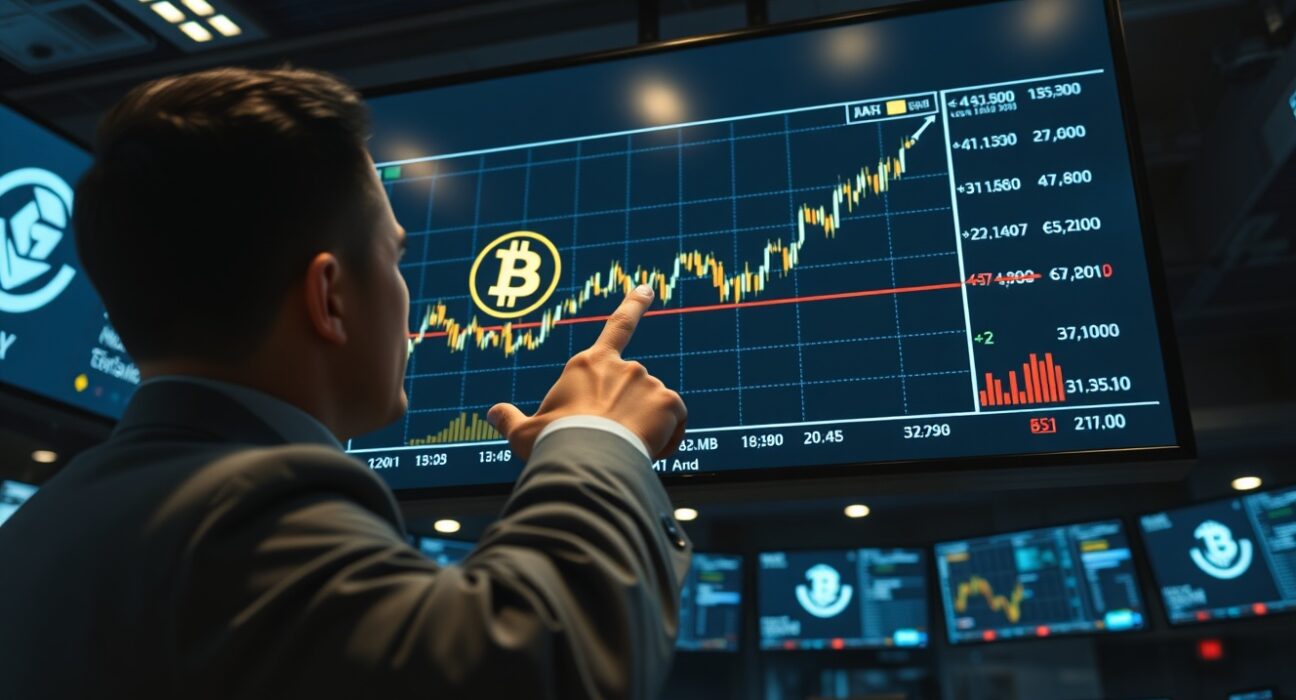 Financial analyst pointing at Bitcoin price chart with moving average indicators in a trading room