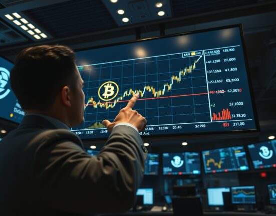 Financial analyst pointing at Bitcoin price chart with moving average indicators in a trading room