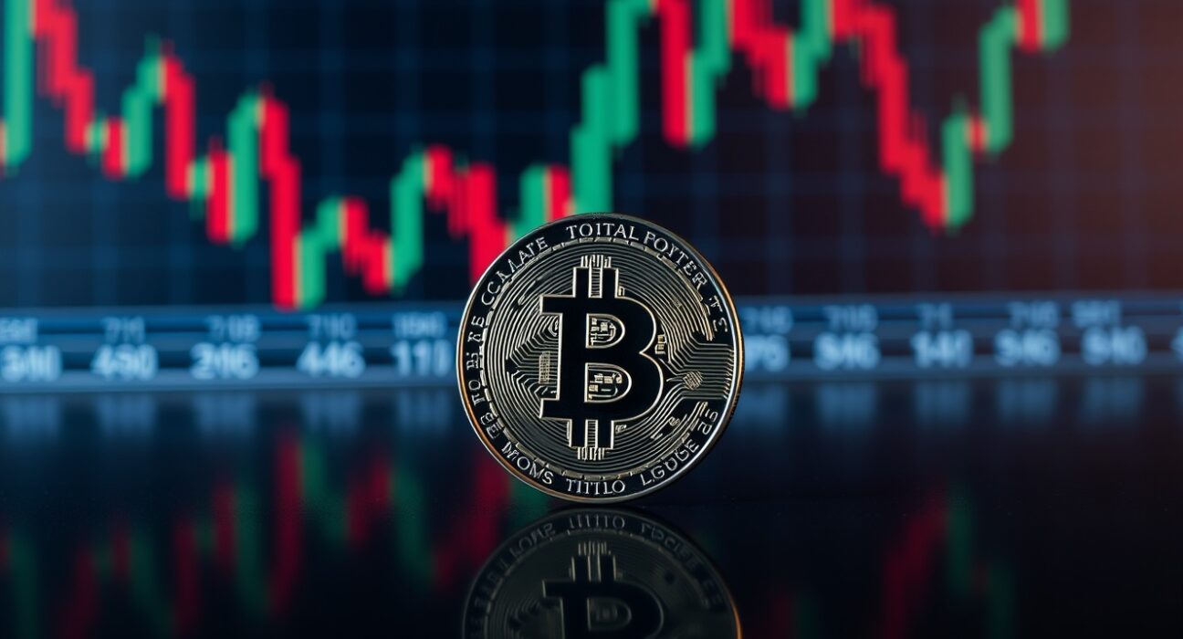 Bitcoin coin on reflective surface with blurred trading chart background