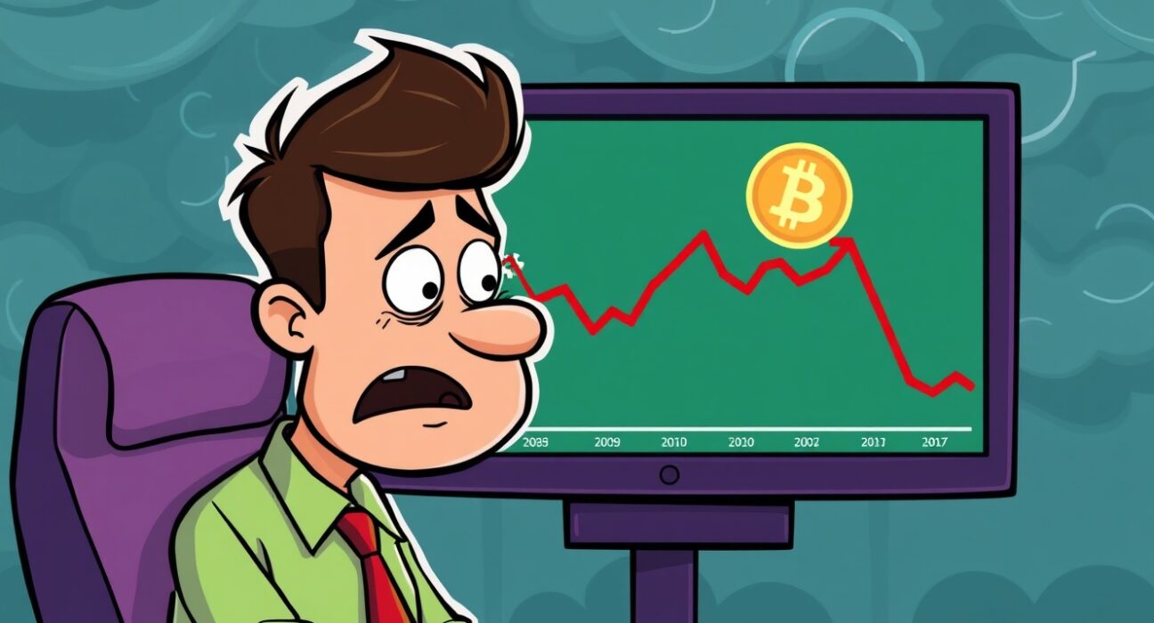 A cartoon depicting an investor concerned by the Bitcoin bear market signal as BTC price falls below a key moving average.