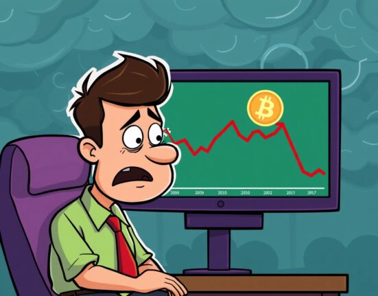 A cartoon depicting an investor concerned by the Bitcoin bear market signal as BTC price falls below a key moving average.