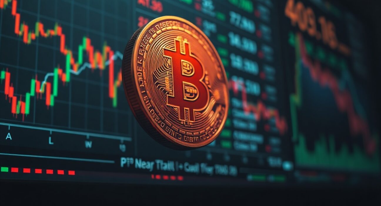 Bitcoin coin in foreground with blurred market charts in background