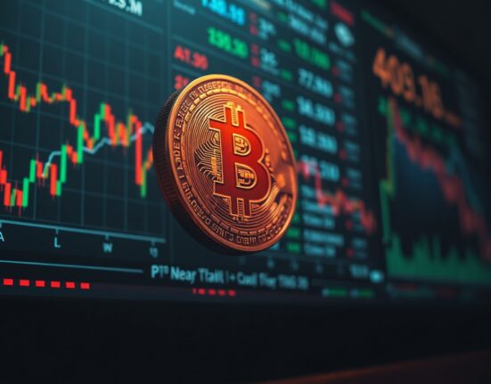 Bitcoin coin in foreground with blurred market charts in background