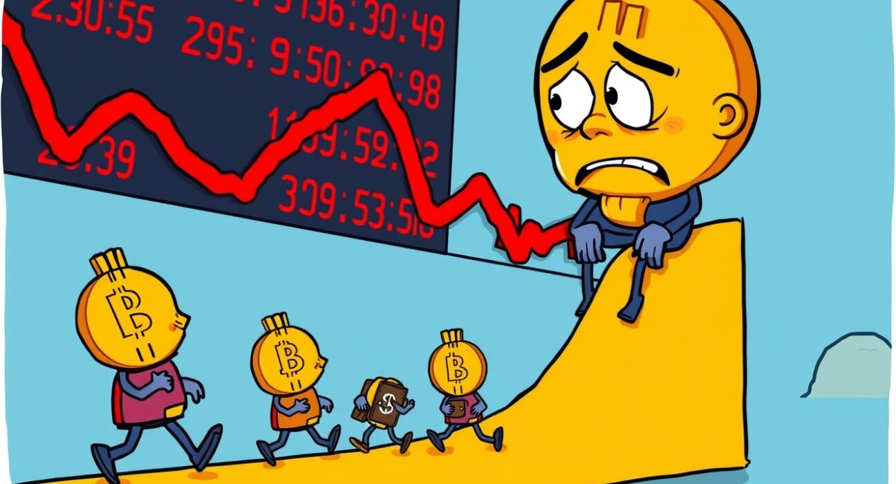 A cartoon Bitcoin bear market signal showing large investors reducing purchases on a downward chart.