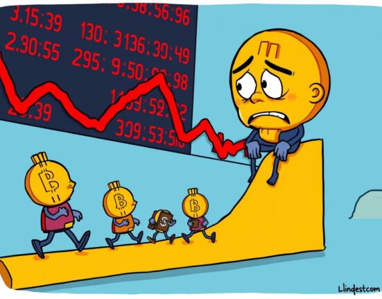 A cartoon Bitcoin bear market signal showing large investors reducing purchases on a downward chart.