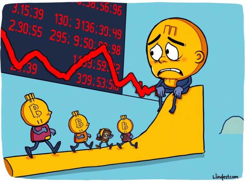 A cartoon Bitcoin bear market signal showing large investors reducing purchases on a downward chart.