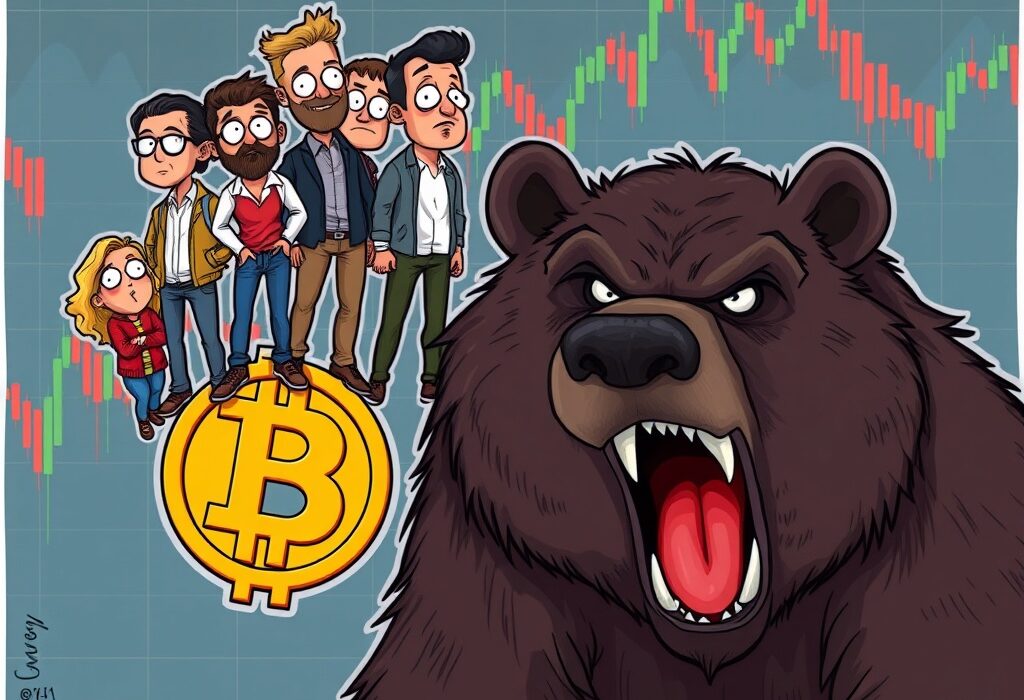 A cartoon illustrating retail Bitcoin investors facing a looming Bitcoin bear market, highlighting their inexperience and potential unpreparedness.