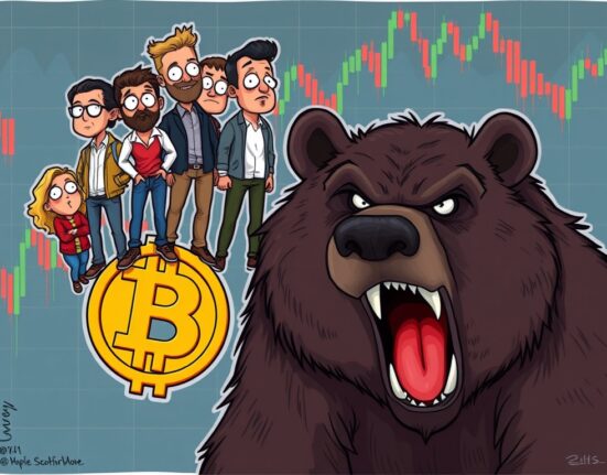 A cartoon illustrating retail Bitcoin investors facing a looming Bitcoin bear market, highlighting their inexperience and potential unpreparedness.