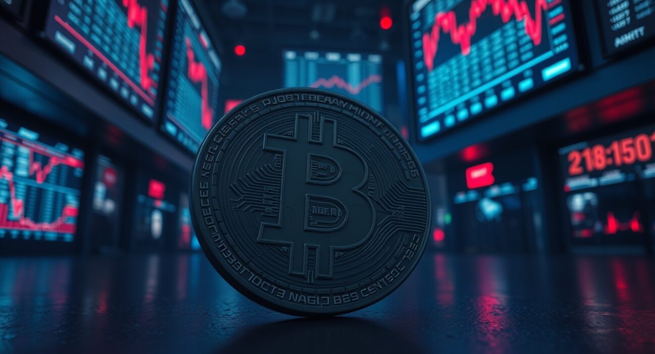 Cracked Bitcoin coin on dark financial trading floor with red downward charts in background