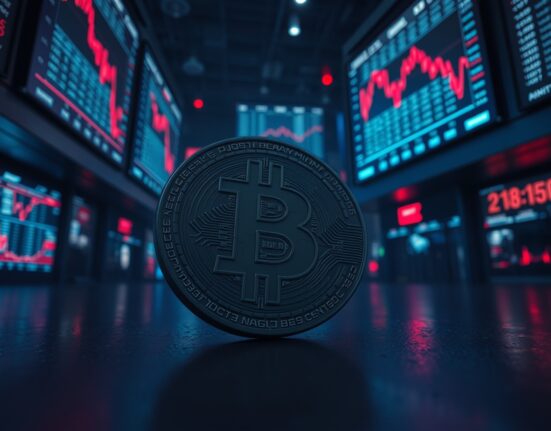 Cracked Bitcoin coin on dark financial trading floor with red downward charts in background