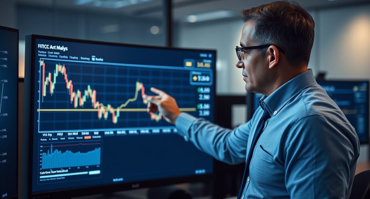 Financial analyst pointing at Bitcoin price chart with PCE data on screen in modern office