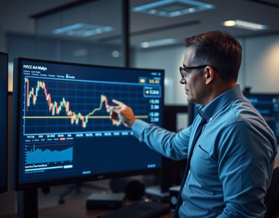 Financial analyst pointing at Bitcoin price chart with PCE data on screen in modern office