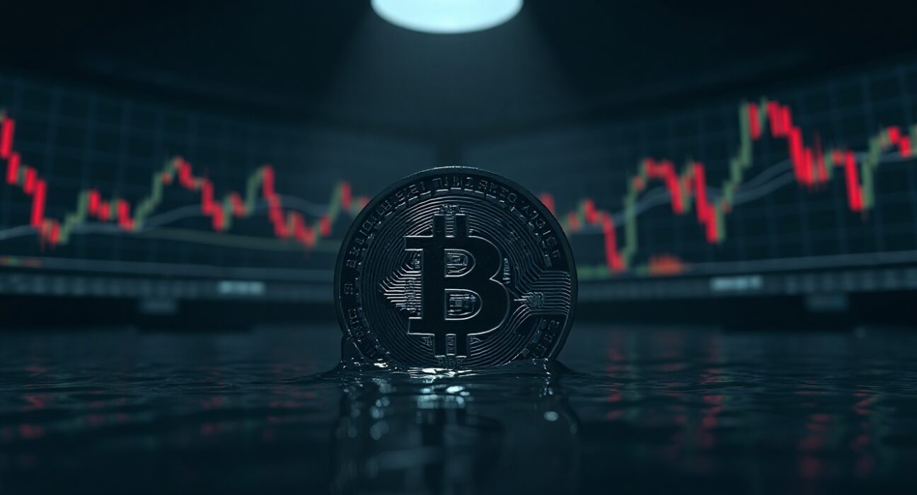 Bitcoin coin submerged in dark water with red charts in background, representing bearish market sentiment.