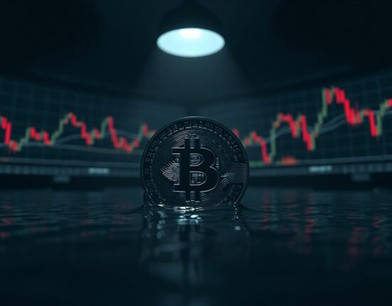 Bitcoin coin submerged in dark water with red charts in background, representing bearish market sentiment.