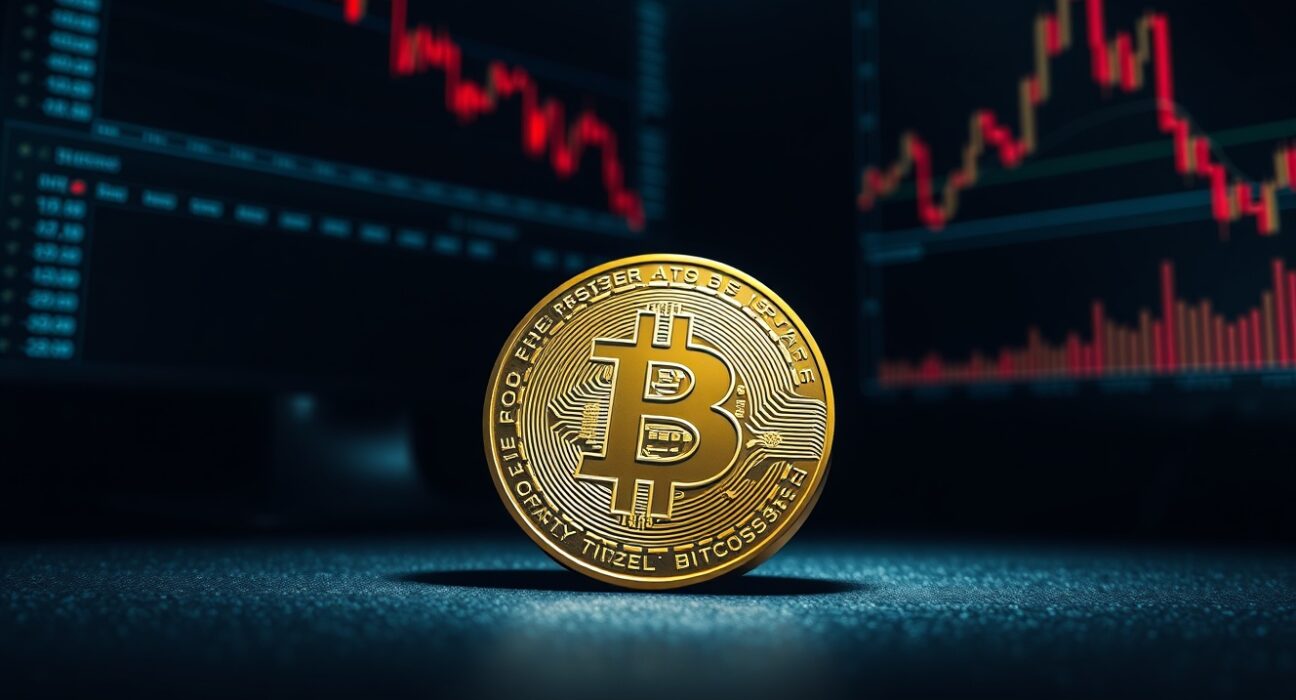 Bitcoin coin on a dark desk with red candlestick charts on monitors in the background