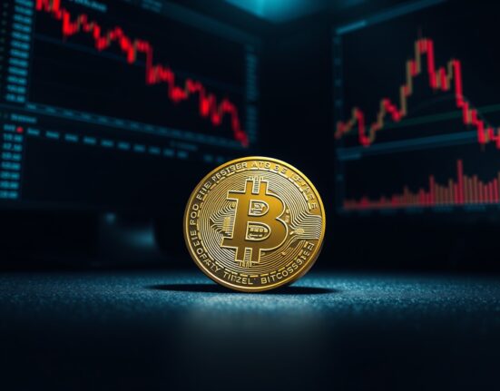 Bitcoin coin on a dark desk with red candlestick charts on monitors in the background