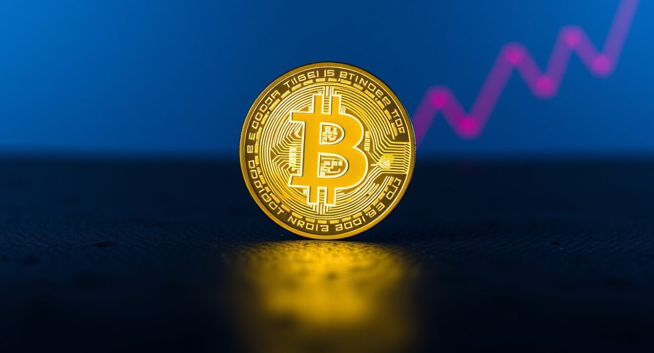 Bitcoin coin with a faint red declining graph in the background, representing bearish market signals