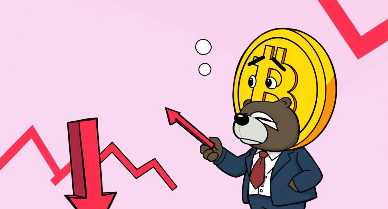 A cartoon illustration showing a worried Bitcoin character observing a bearish market chart signal.