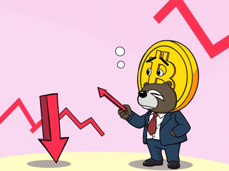A cartoon illustration showing a worried Bitcoin character observing a bearish market chart signal.