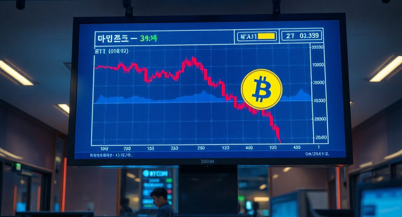 Bitcoin price chart showing a decline below 100 million won on a digital display in a South Korean trading office.