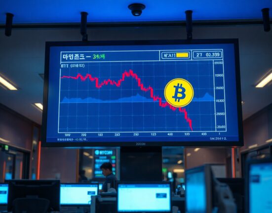 Bitcoin price chart showing a decline below 100 million won on a digital display in a South Korean trading office.