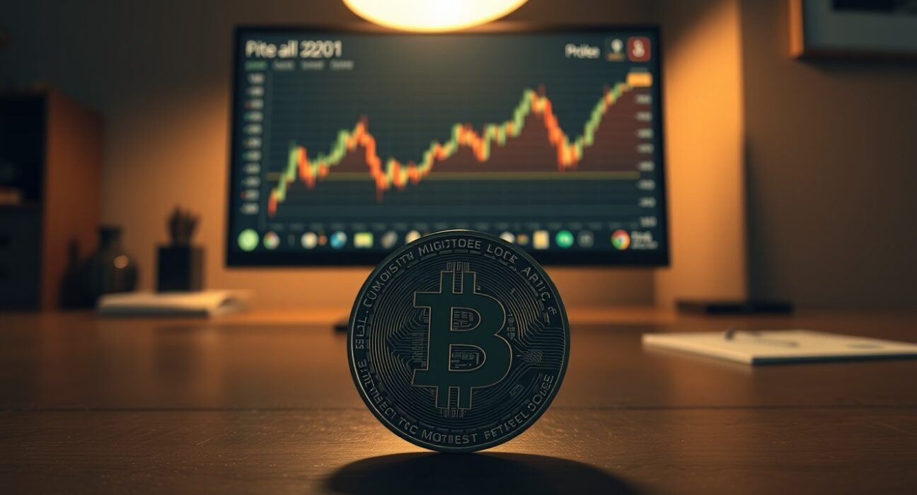 Bitcoin coin on table with chart showing 200-week moving average in background