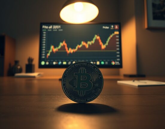 Bitcoin coin on table with chart showing 200-week moving average in background