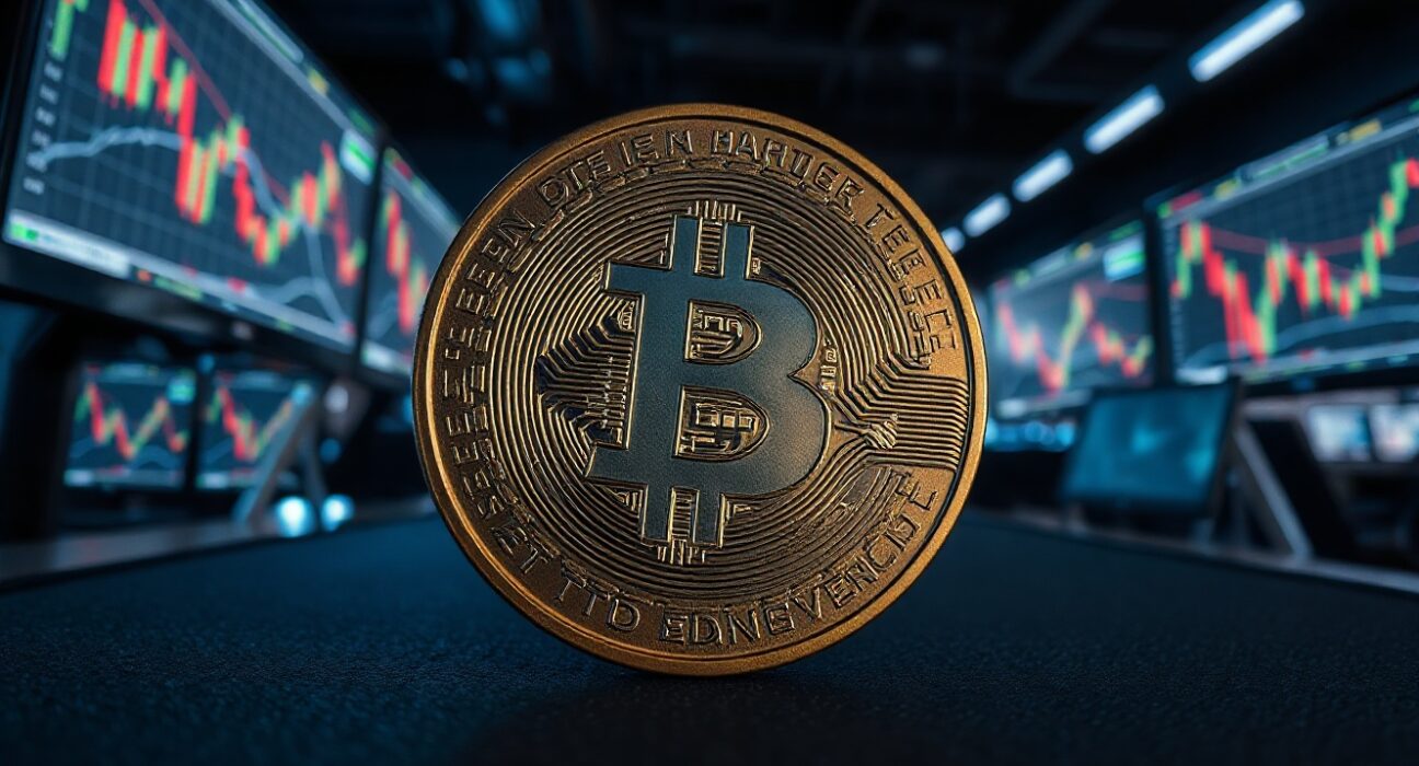 Bitcoin coin on dark surface with red chart monitors in background representing price decline
