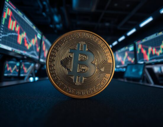 Bitcoin coin on dark surface with red chart monitors in background representing price decline