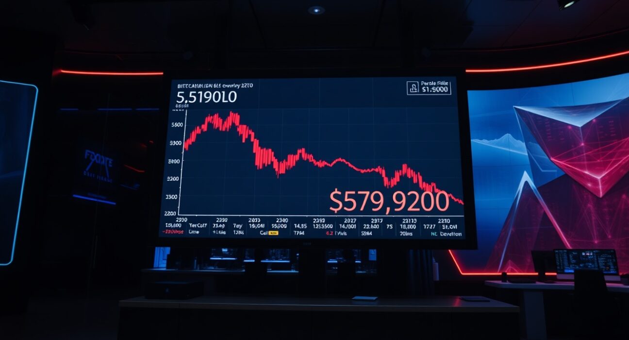 Bitcoin coin on dark surface with a downward trending chart in the background