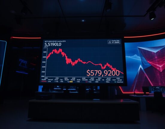 Bitcoin price chart showing a decline below $59,000 on a trading screen in a financial news studio.