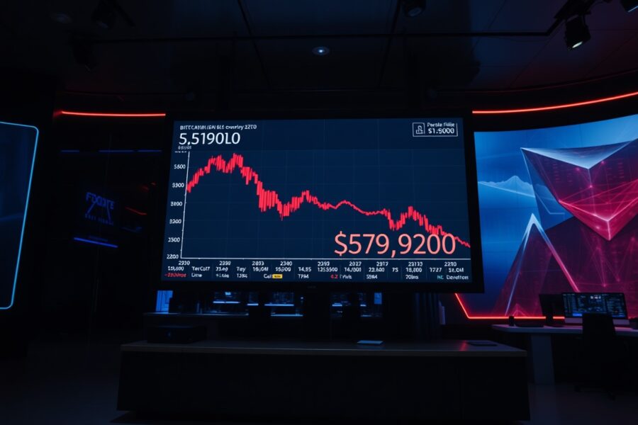 Bitcoin price chart showing a decline below $59,000 on a trading screen in a financial news studio.