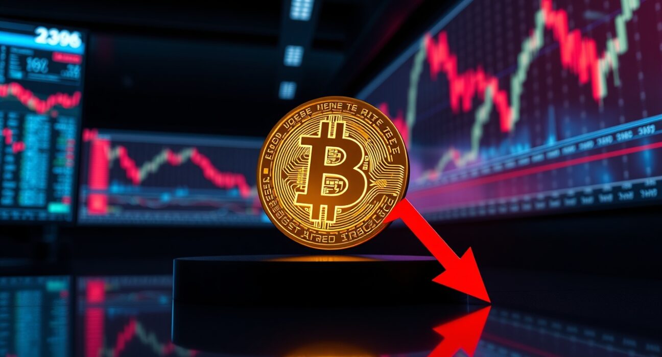 Bitcoin coin with red downward shadow on reflective surface, representing price decline.