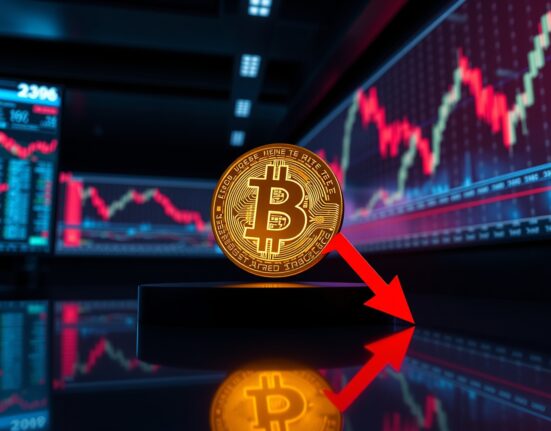 Bitcoin coin with red downward shadow on reflective surface, representing price decline.