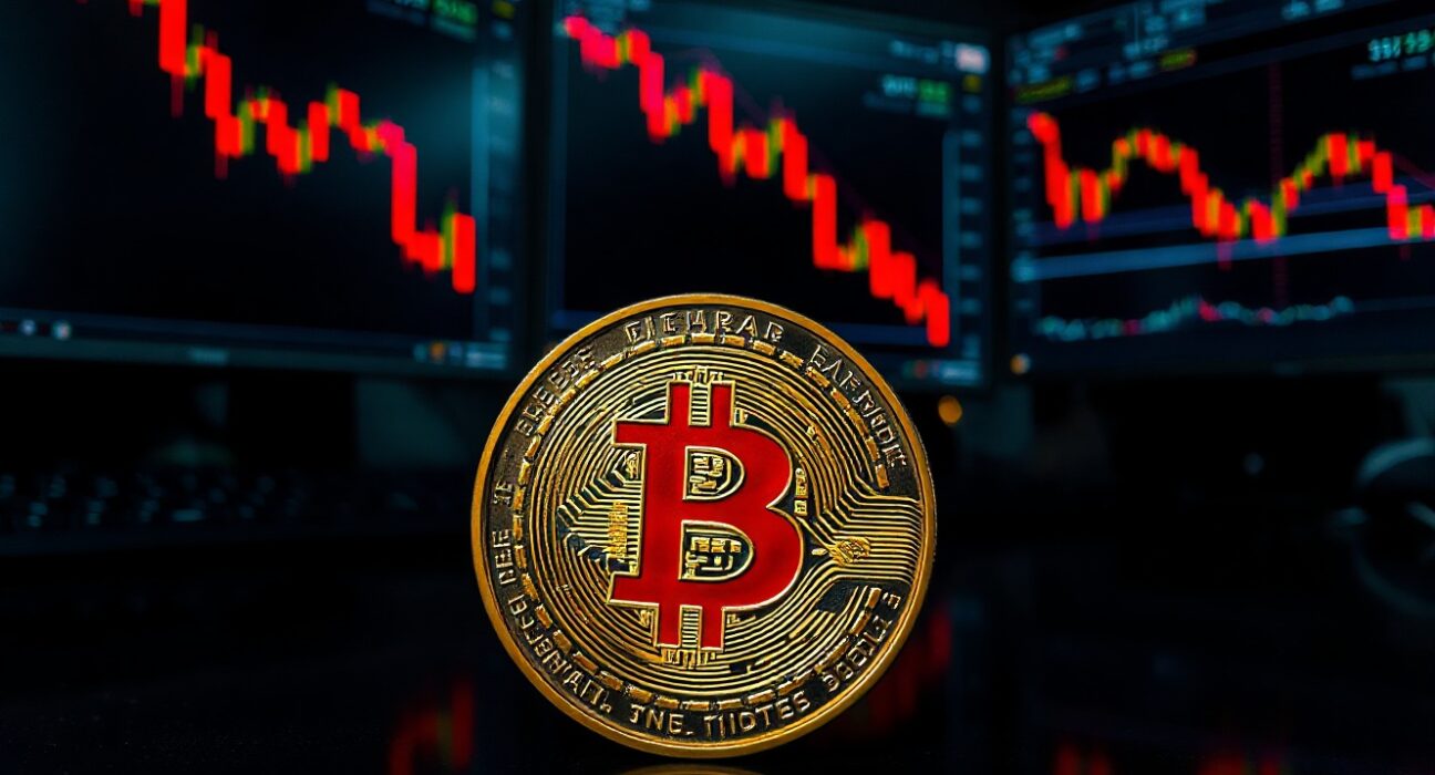 Bitcoin coin on a dark surface with red trading charts in the background indicating a price drop.