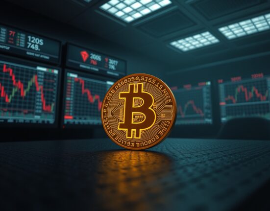 Bitcoin coin symbol on a dark surface with red trading charts in the background indicating a price decline.