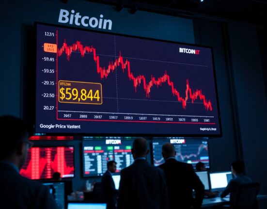 Bitcoin price chart showing a drop below $60,000 on a trading screen