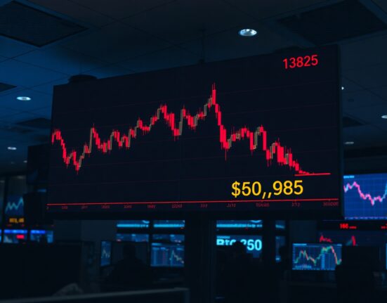 Bitcoin price chart showing a red decline below $61,000 on a trading screen