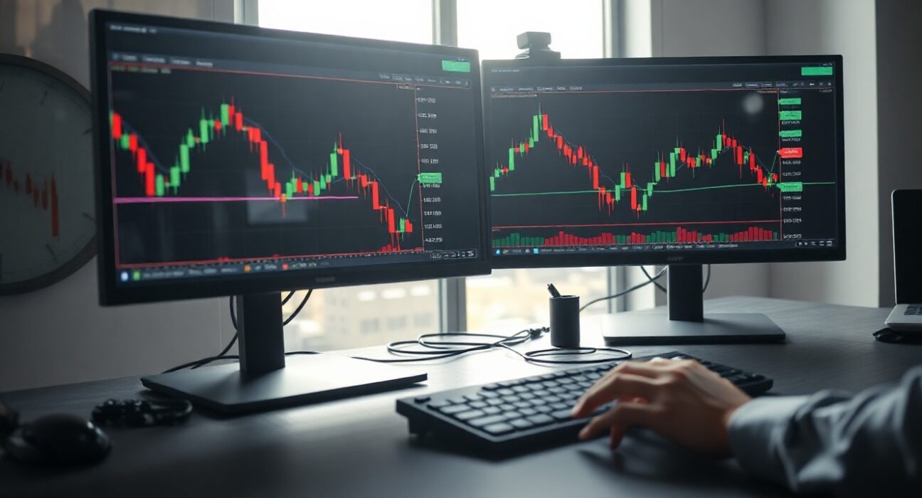 Professional trading desk with cryptocurrency charts showing a downward trend