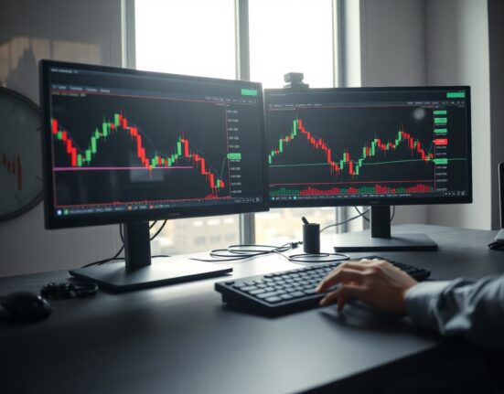 Professional trading desk with cryptocurrency charts showing a downward trend